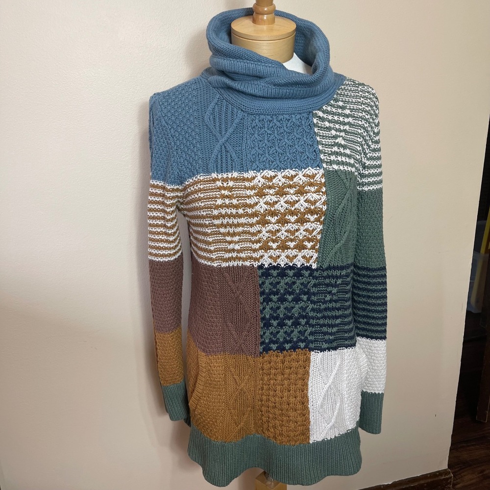 LL Bean Signature Patchwork Cable Knit Cowl Neck Sweater 100% Cotton Tunic M